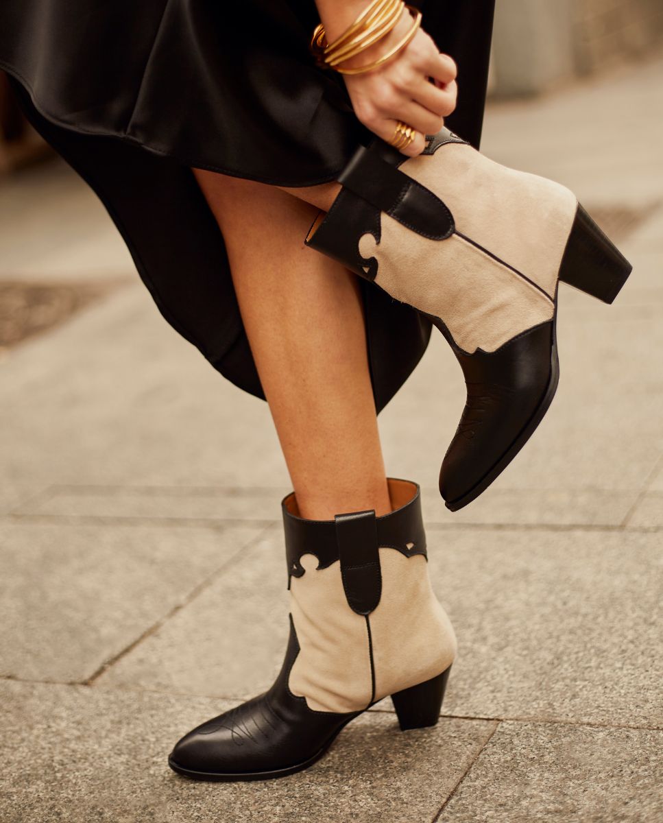 Leather heeled western ankle boot | Lara Black &amp;amp; Beige