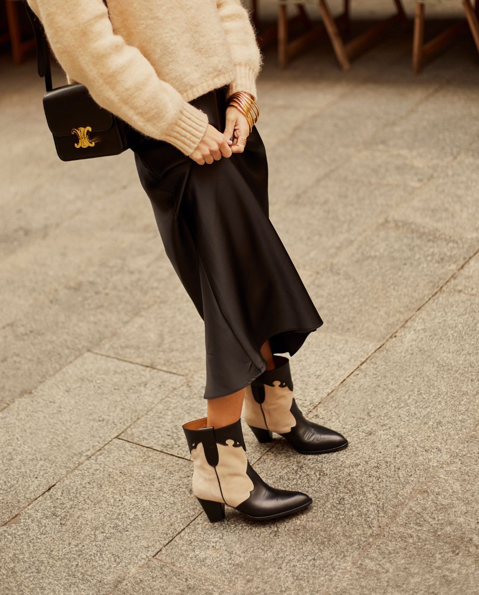 Leather heeled western ankle boot | Lara Black &amp;amp; Beige