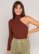 Knit top with turtleneck and asymmetric sleeves | Yara Moca