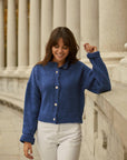 Cardigan with rhinestone buttons | Indigo Blue Streamer